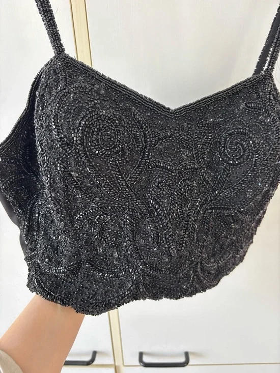 Heavy Beaded Smocked Crop Top Luxe Statement Bustier Festival Evening Event XL - Picture 5 of 16